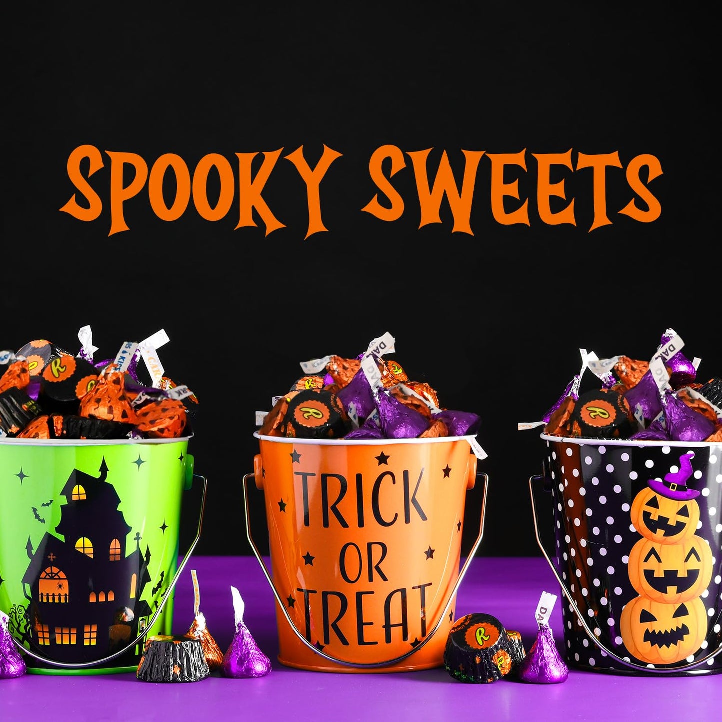 HALLOWEEN Chocolate Mix 4 pounds (64 oz) - in Black, Orange, and Purple Wrappers - Perfect for Trick or Treat and Parties, Featuring Hershey's Kisses and ReesesDark Miniatures