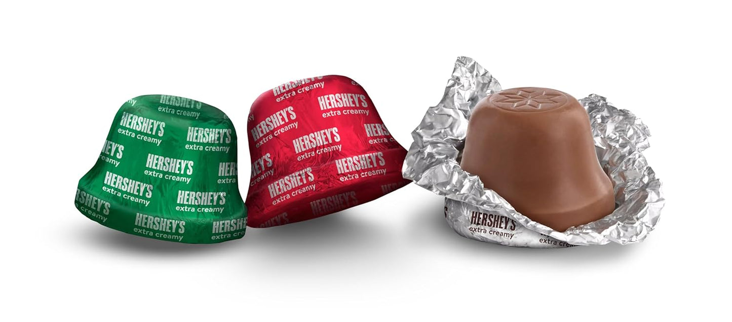 Hershey Extra Creamy Milk Chocolate Bells – Festive Christmas Colors (Red, Green, Silver) – 1 lb Bag – Holiday Candy for Stocking Stuffers, Gifts, Baking, and Party Favors