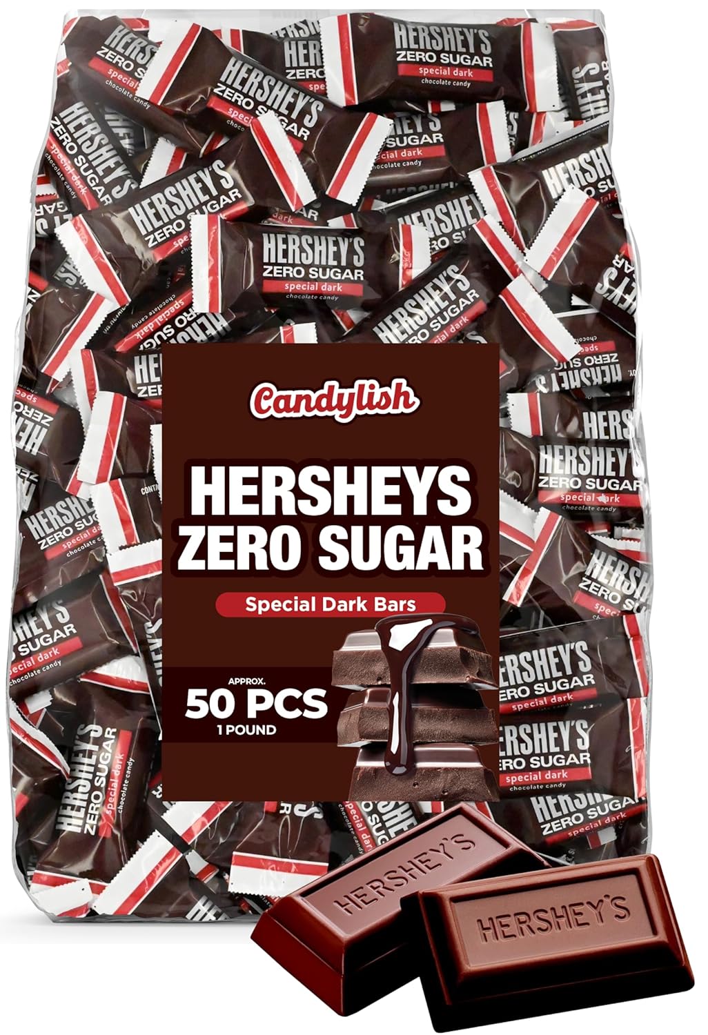 Hershys Zero Sugar Special Dark Chocolate Candy Bar, 1 LB (Approx. 50 Pieces) - Individually Wrapped Bars for Bulk Candy Needs, Sugar-Free Candy Ideal for Parties and Gifting