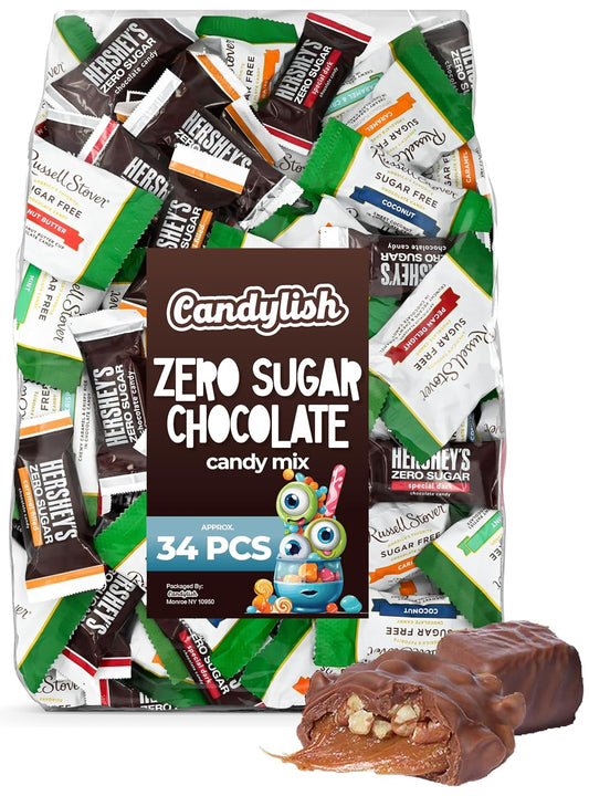 Zero Sugar Chocolate Candy Mix (Approx. 34 Pieces) - Russell Stover Assorted & Hershey's Zero Sugar Bar