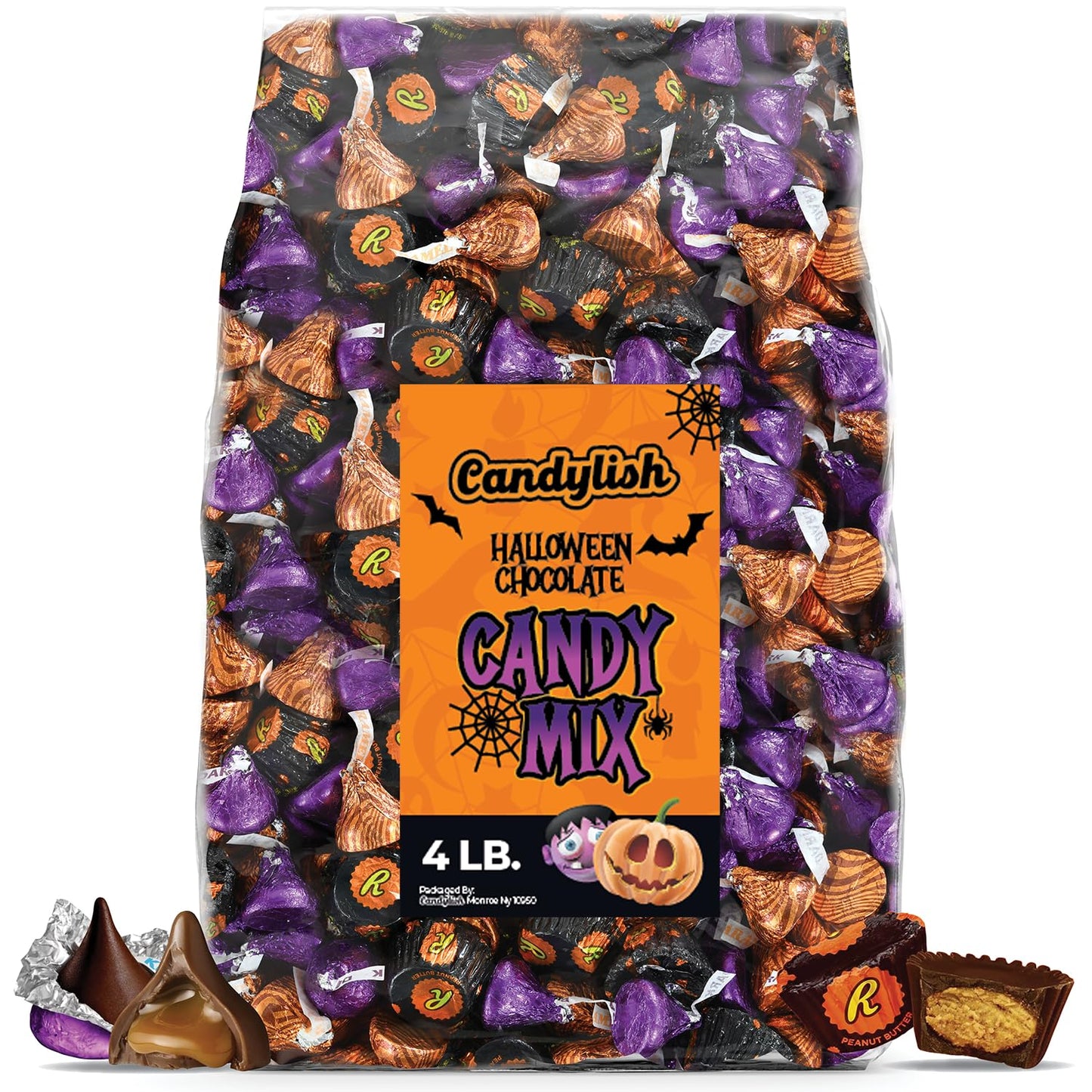 HALLOWEEN Chocolate Mix 4 pounds (64 oz) - in Black, Orange, and Purple Wrappers - Perfect for Trick or Treat and Parties, Featuring Hershey's Kisses and ReesesDark Miniatures