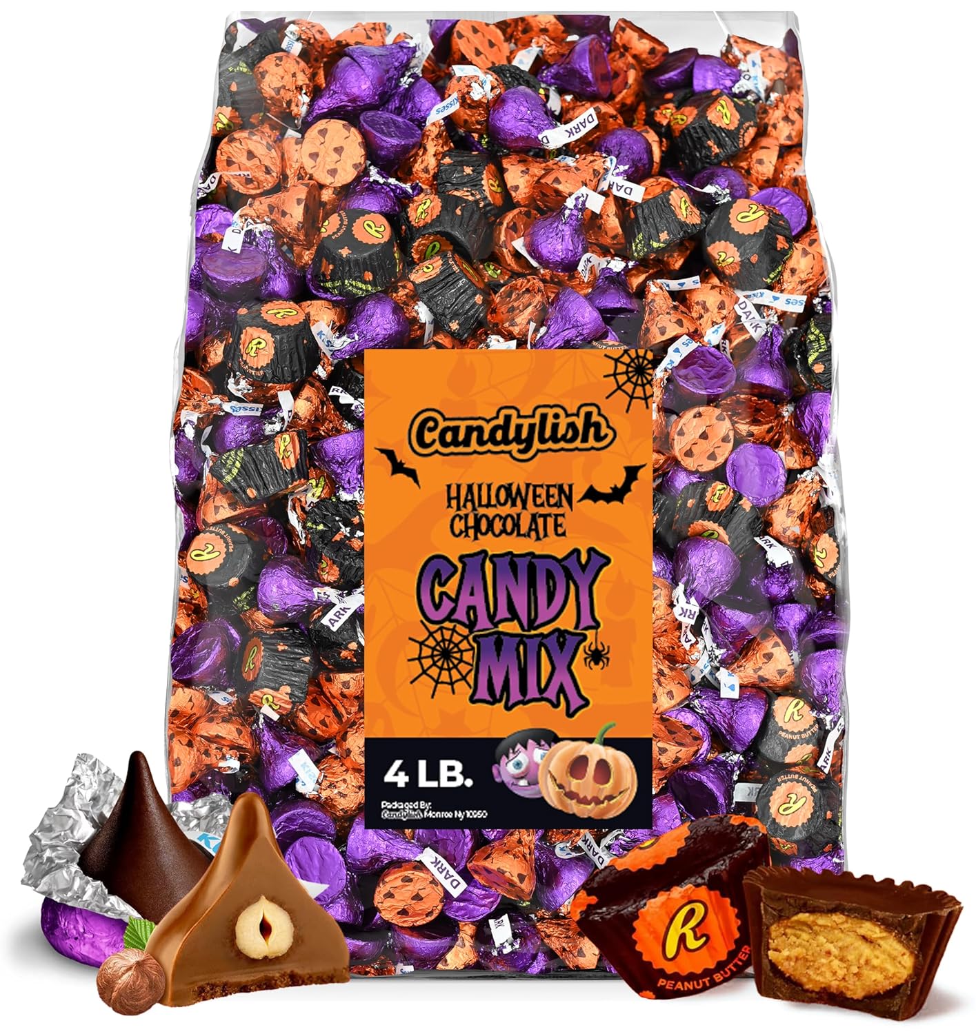 HALLOWEEN Chocolate Mix 4 pounds (64 oz) - in Black, Orange, and Purple Wrappers - Perfect for Trick or Treat and Parties, Featuring Hershey's Kisses and ReesesDark Miniatures