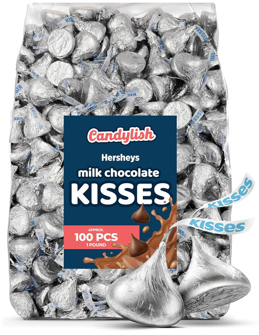 Hershys Kisses Milk Chocolate, Classic Silver Wraps, 1 Pound Bag (Approx. 100 Pieces) - Perfect for Gifts, Parties, and Special Occasions