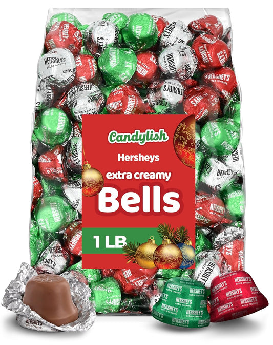 Hershey Extra Creamy Milk Chocolate Bells – Festive Christmas Colors (Red, Green, Silver) – 1 lb Bag – Holiday Candy for Stocking Stuffers, Gifts, Baking, and Party Favors