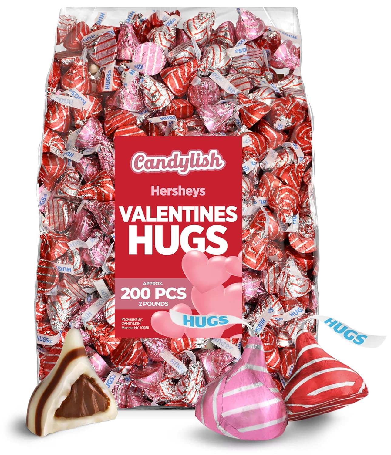 Hershey's Valentine's Day Hugs Mix - Bulk Candy, 2 LB, Approx. 200 pcs - Chocolate Individually Wrapped in Festive Red and Silver Foils