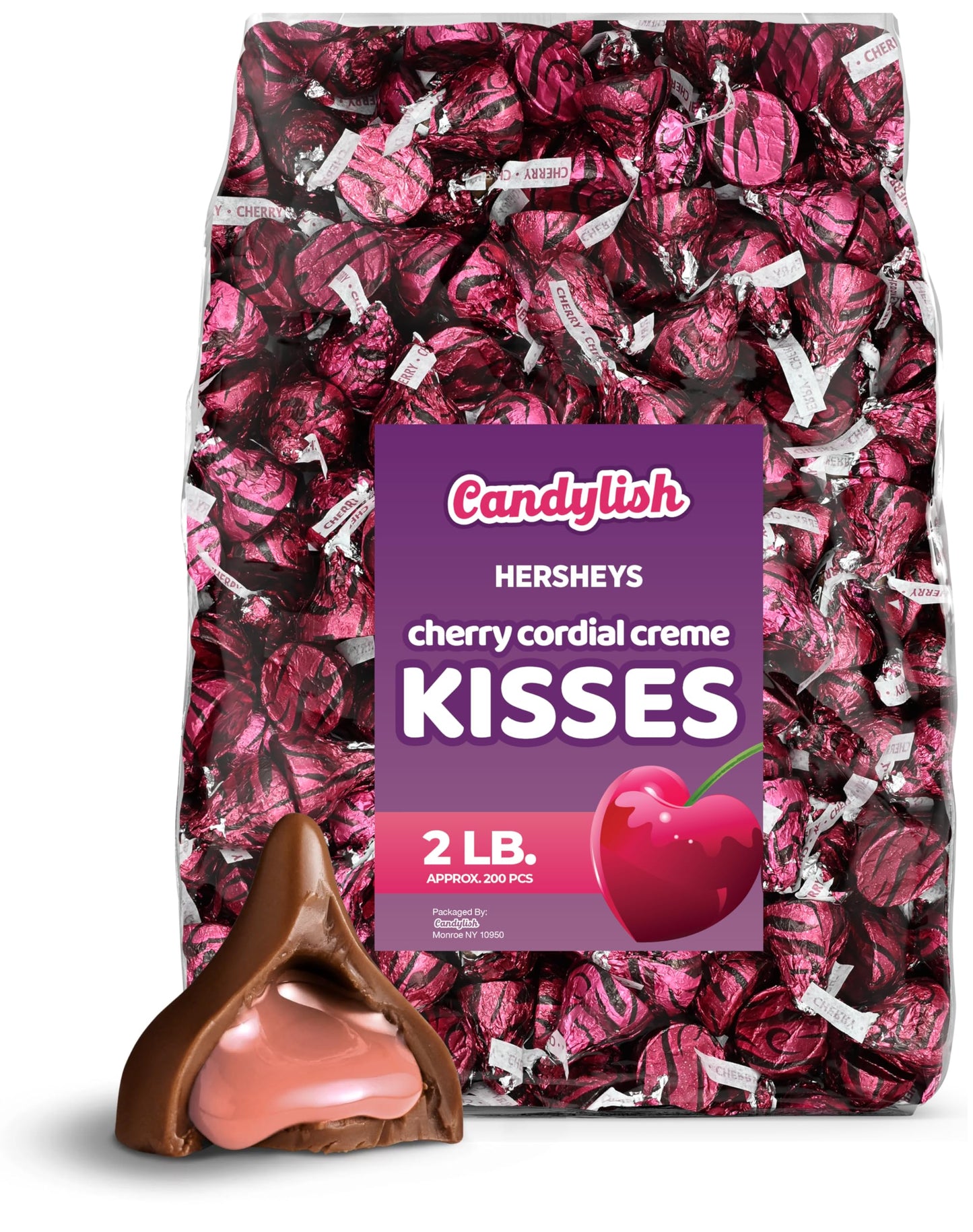 Hershey's Kisses Cherry Cordial, 2 LB Bag, Bulk Candy, Approx. 200 Individually Wrapped Milk Chocolate Pieces - Ideal for Romantic Gifting & Celebrations