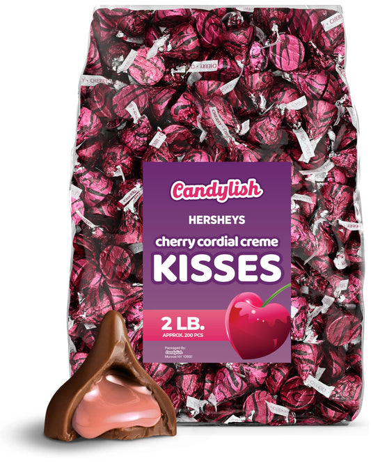 Hershey's Kisses Cherry Cordial, 2 LB Bag, Bulk Candy, Approx. 200 Individually Wrapped Milk Chocolate Pieces - Ideal for Romantic Gifting & Celebrations