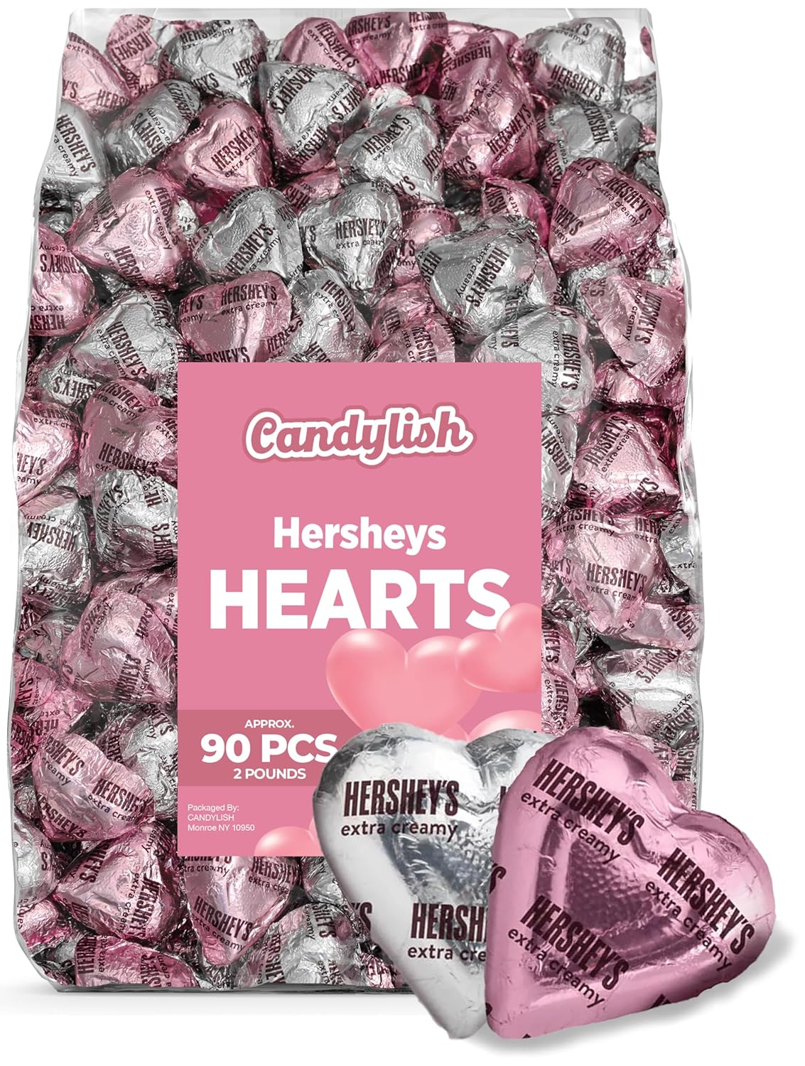 Hershey's Valentine's Day Chocolate Hearts, 2 LB Bag, Approx. 90 Pieces, Silver and Pink Wrapped, Perfect for Gifts and Decorations