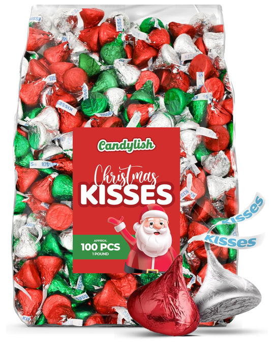 Hershey Holiday Kisses Milk Chocolate Christmas Colors, 1 lb Bulk Bag (Approx. 95 Pieces) – Red, Green, and Silver Foil Wrapped Chocolate for Holiday Parties, Stocking Stuffers, Candy Bowls, and Baking