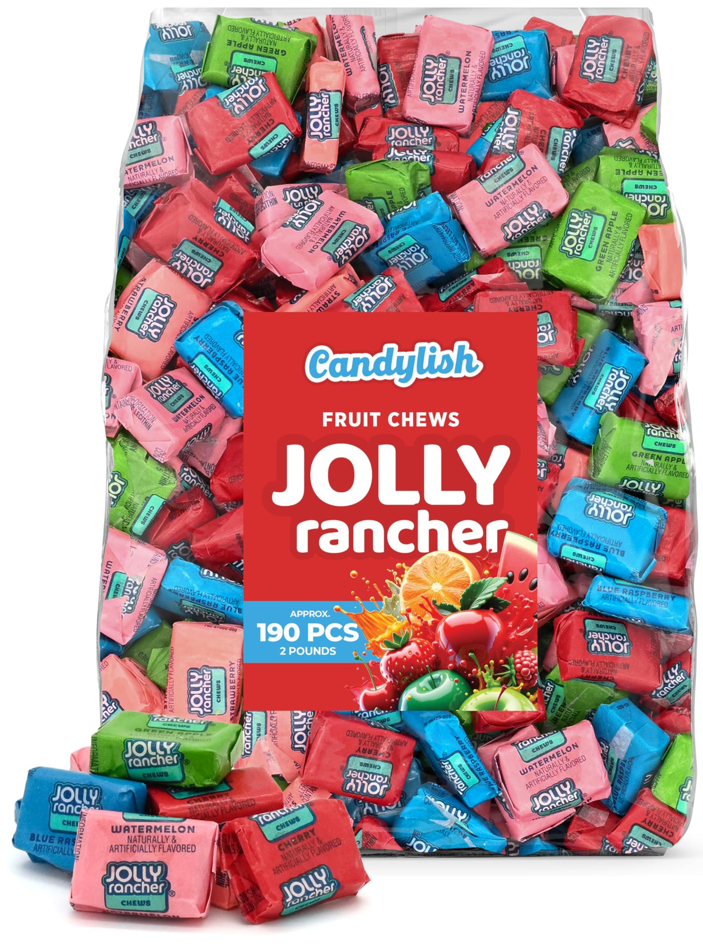 Jolly Ranchers Chews - Premium Assorted Fruit Flavors Bulk Candy, 2 lb Party Pack, 5 Flavor Assorted - Approx. 190 Individually Wrapped Chews, Perfect for Celebrations, Candy Bowls & Snacking