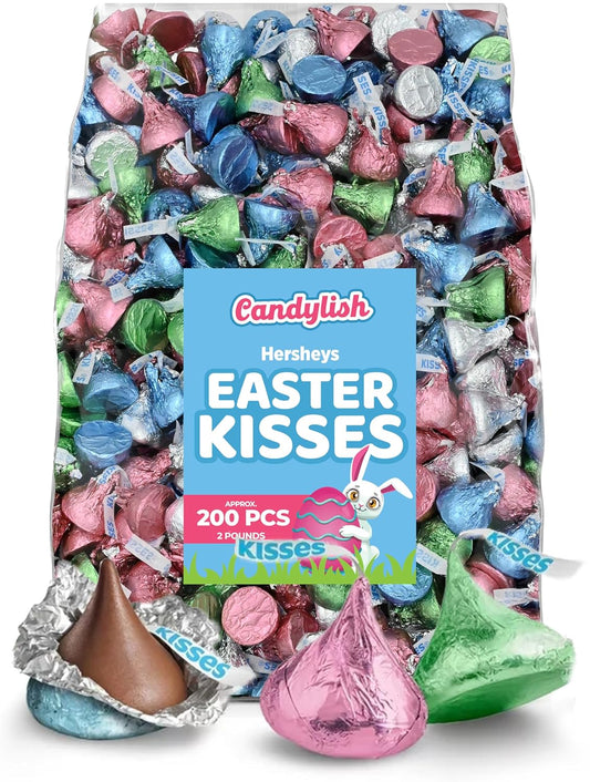 Hershys Kisses Easter Candy Milk Chocolate, 2 LB Bulk Bag - Approx. 200 Pieces, Assorted Pastel Colors for Baskets, Egg Hunts, Spring Celebrations