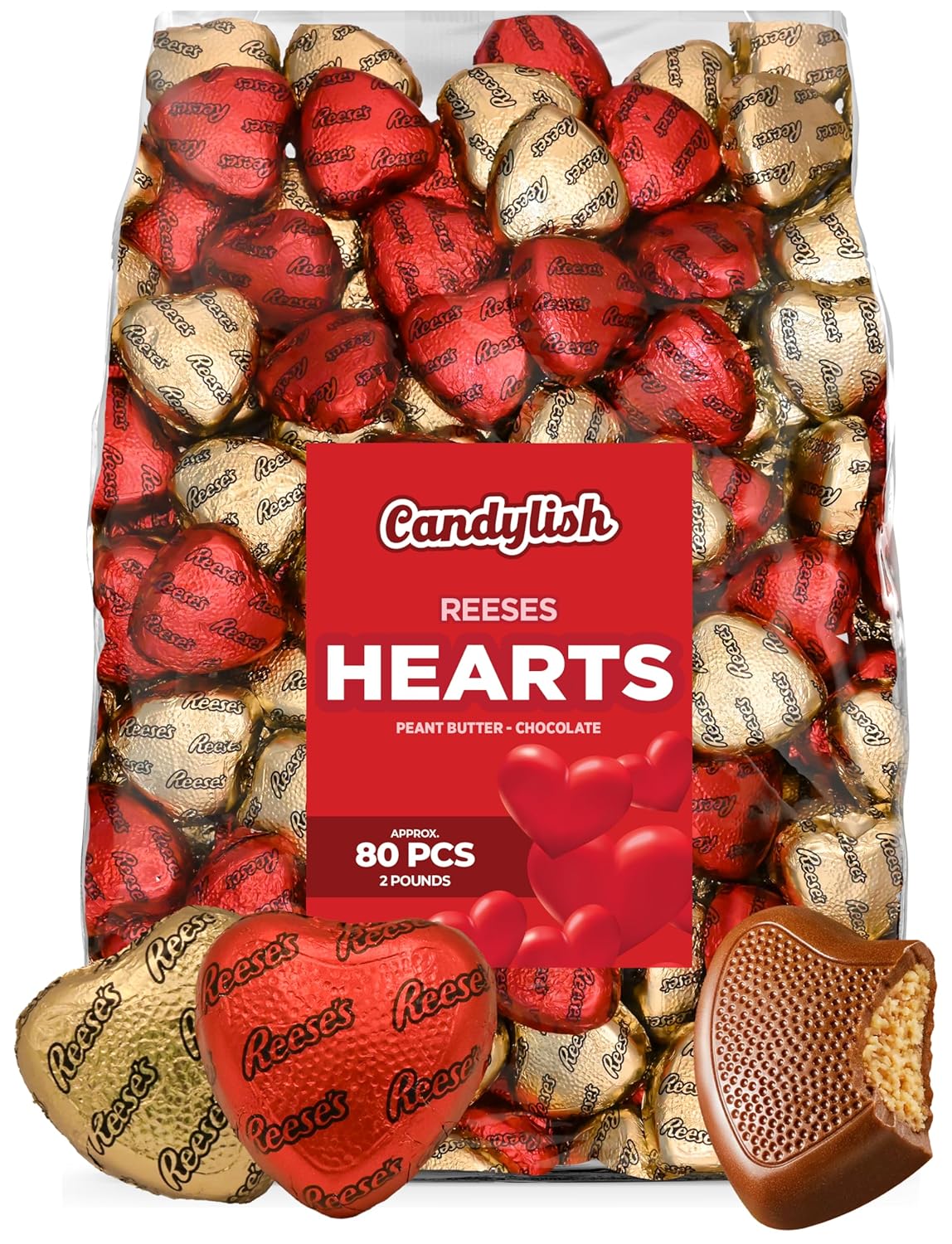 Reeces Valentines Day Milk Chocolate Peanut Butter Hearts Treats - 2 LB of Red & Gold Foil Wrapped Delights, Ideal for Bulk Candy, Holiday Gift Basket Filler, and a Chocolate Gift Box for a Sweet Valentine's Celebration (Approx. 80 pcs)