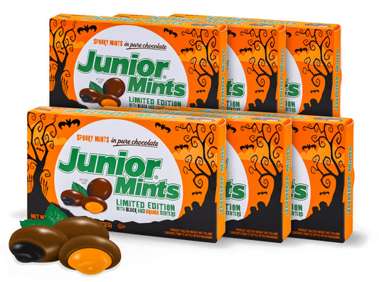 Junior Mints Spooky Halloween Candy 6-Pack, Limited Edition Black & Orange Centers, Dark Chocolate Mint Treats, Trick-or-Treat & Haunted Movie Theatre Boxes, Halloween Party Favors, Gluten-Free & Peanut-Free, Perfect for Candy Bowls